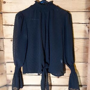 Sheer bell sleeve high collar top